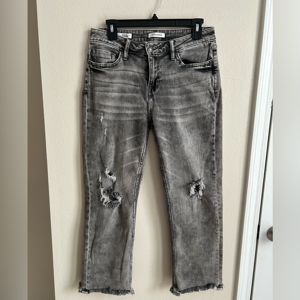Vigoss Stevie Crop Straight Distressed Jeans Denim Acid Wash Grey Size 28